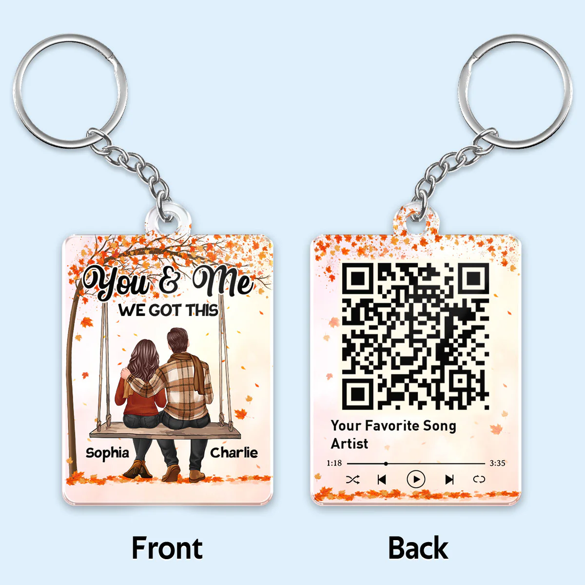 Fall Season Couple Sitting On Swing Back View Favorite Song QR Code Personalized Acrylic Keychain
