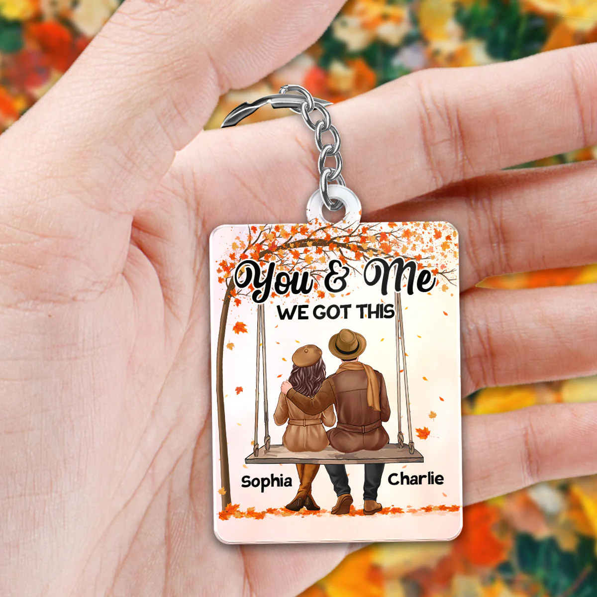 Fall Season Couple Sitting On Swing Back View Favorite Song QR Code Personalized Acrylic Keychain - Image 2