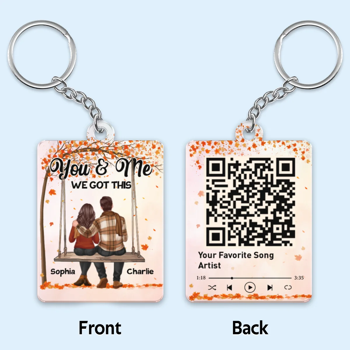 Fall Season Couple Sitting On Swing Back View Favorite Song QR Code Personalized Acrylic Keychain - Image 4