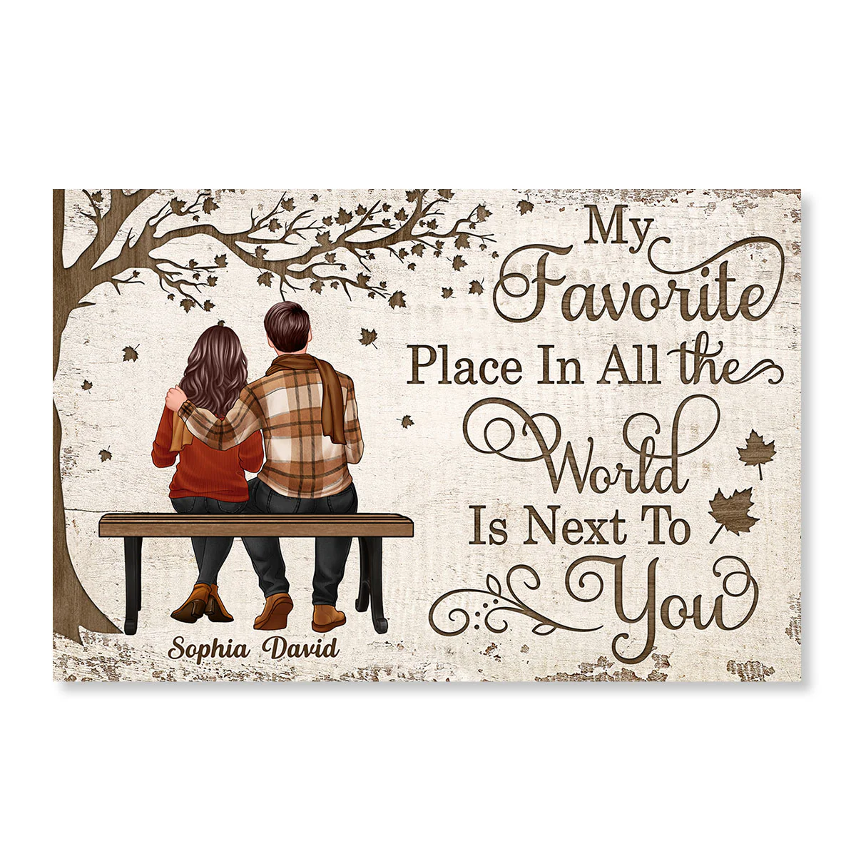 Fall Season Couple Sitting Under Wooden Tree Personalized Horizontal Poster