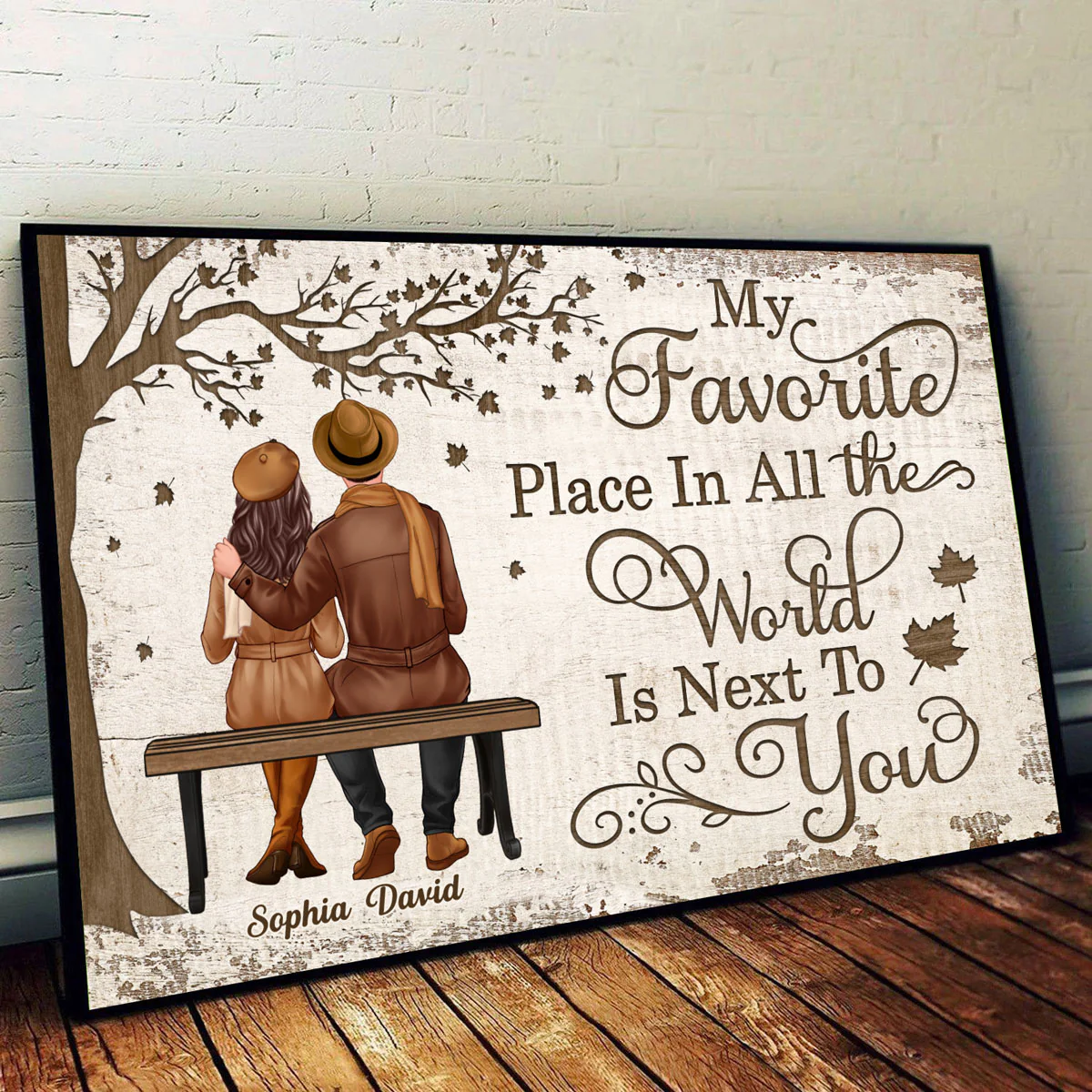 Fall Season Couple Sitting Under Wooden Tree Personalized Horizontal Poster - Image 2