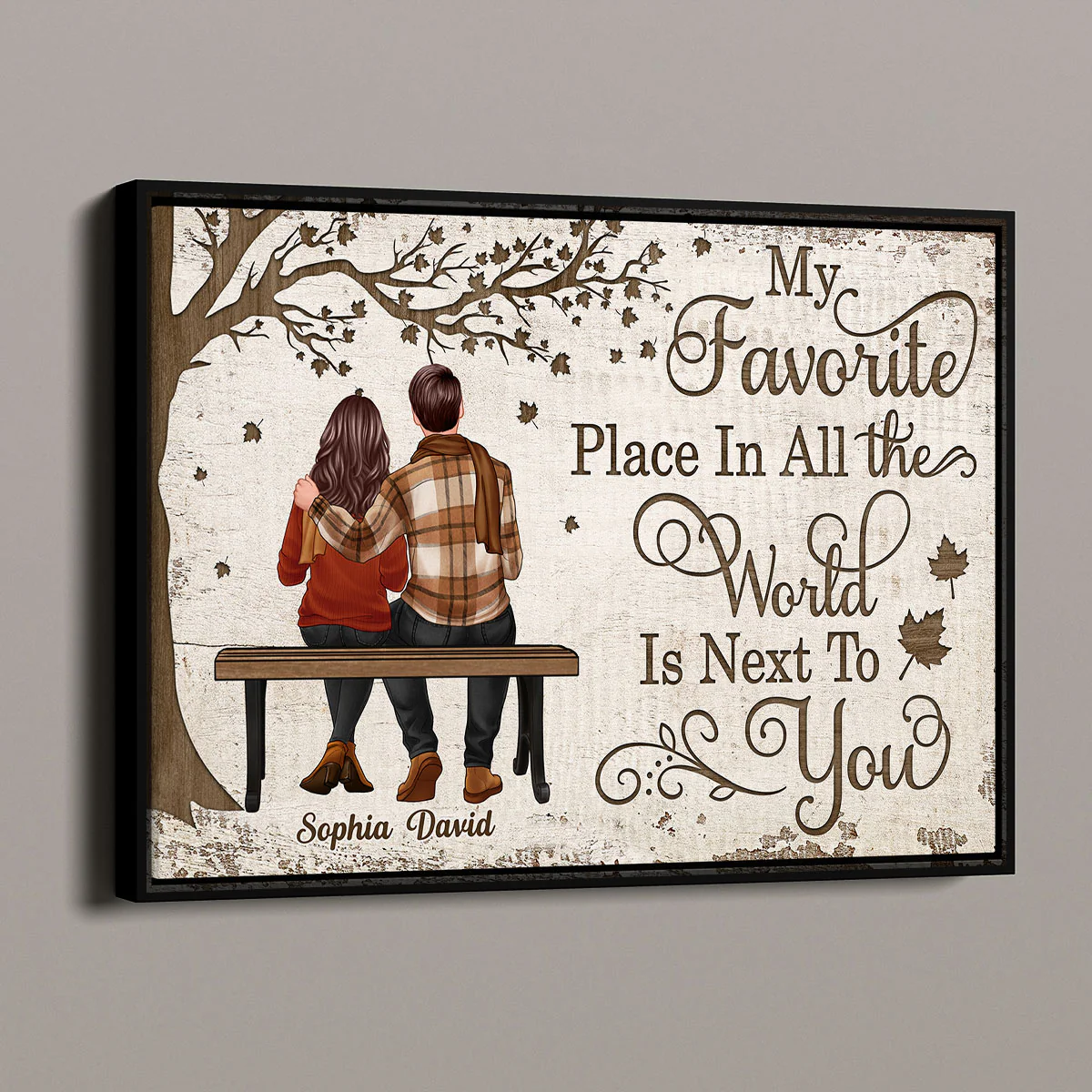 Fall Season Couple Sitting Under Wooden Tree Personalized Horizontal Poster - Image 3
