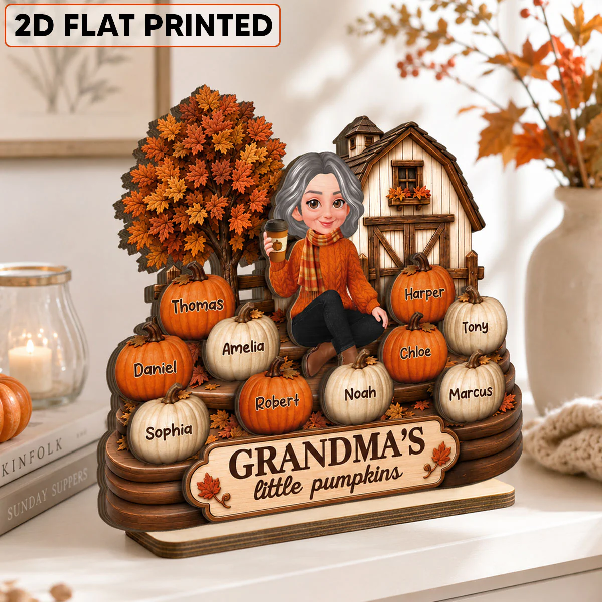 Fall Season Cozy Warm Farmhouse Style Grandma's Little Pumpkins - Personalized 2-Layered Wooden Plaque - Fall Decor For Grandma - Image 2