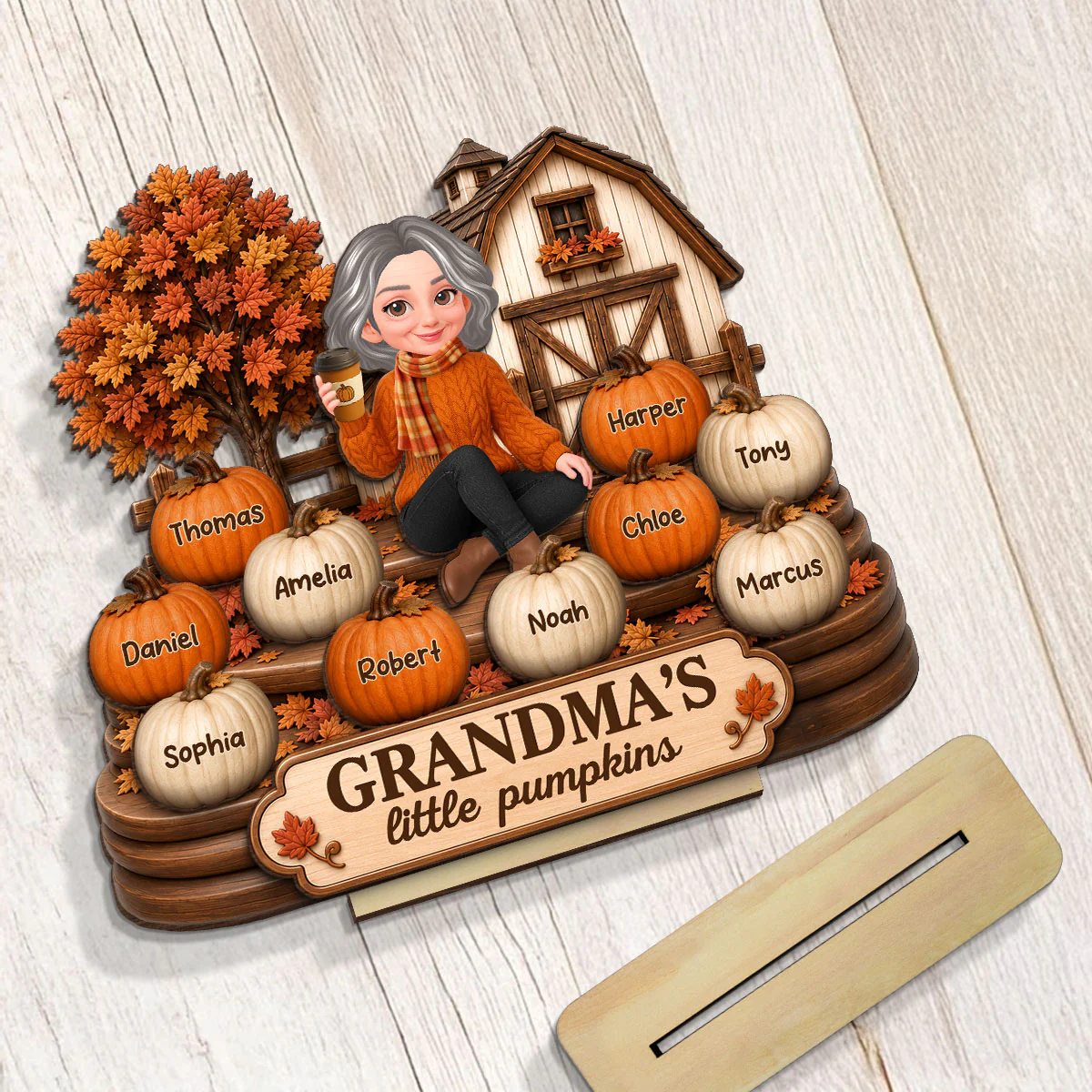Fall Season Cozy Warm Farmhouse Style Grandma's Little Pumpkins - Personalized 2-Layered Wooden Plaque - Fall Decor For Grandma - Image 3
