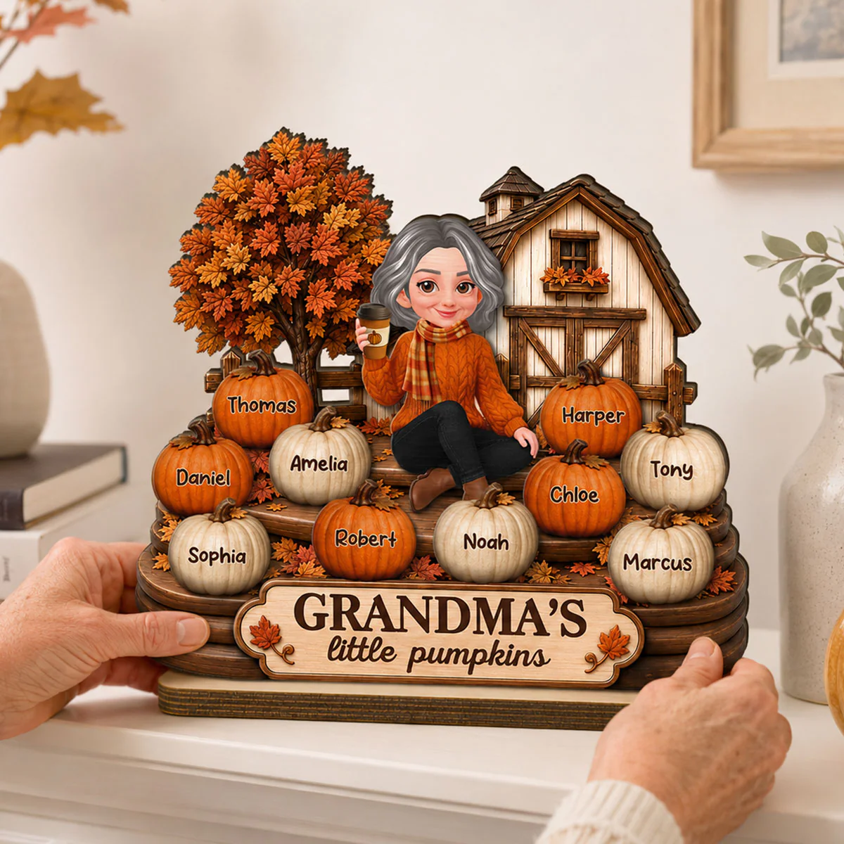 Fall Season Cozy Warm Farmhouse Style Grandma's Little Pumpkins - Personalized 2-Layered Wooden Plaque - Fall Decor For Grandma - Image 7