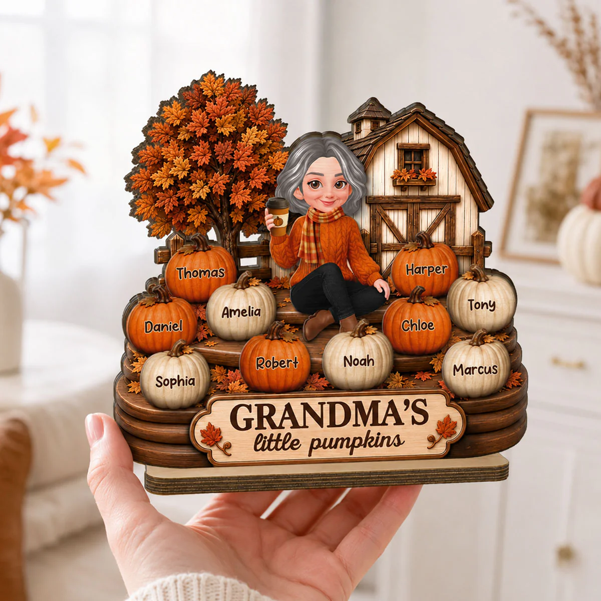 Fall Season Cozy Warm Farmhouse Style Grandma's Little Pumpkins - Personalized 2-Layered Wooden Plaque - Fall Decor For Grandma - Image 9