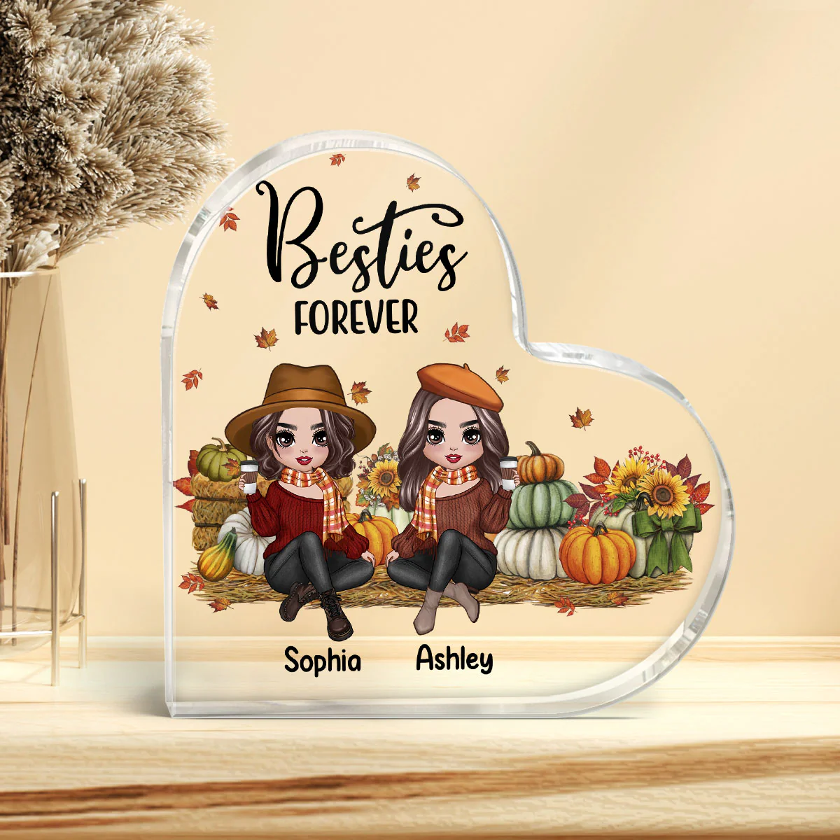 Fall Season Doll Besties Sitting In Pumpkin Patch Personalized Heart Acrylic Plaque - Image 3