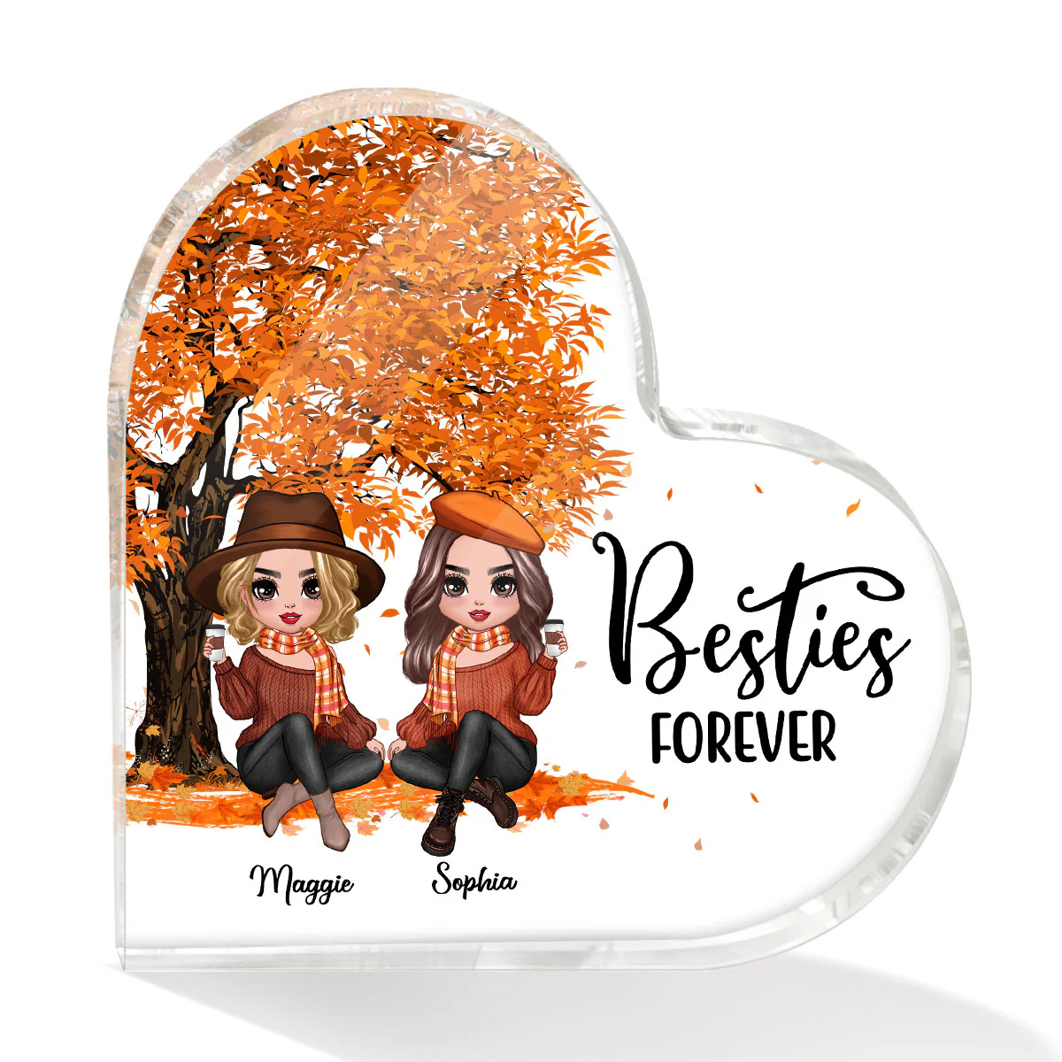 Fall Season Doll Besties Sitting Personalized Acrylic Heart Plaque - Image 2