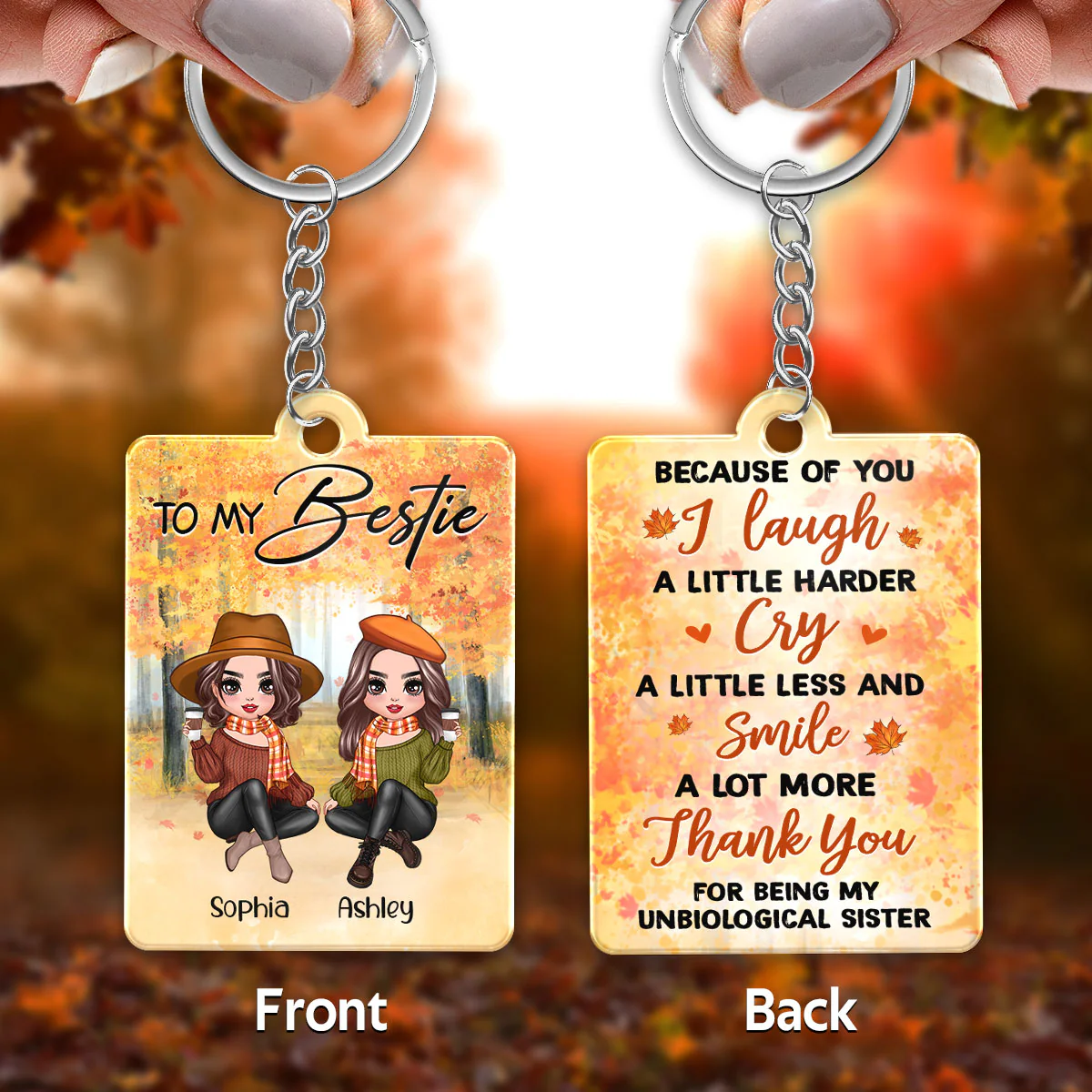 Fall Season Doll Besties Sitting Personalized Acrylic Keychain - Image 3