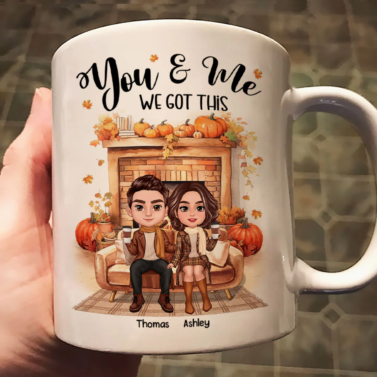 Fall Season Doll Couple Fireplace Personalized Mug - Image 2