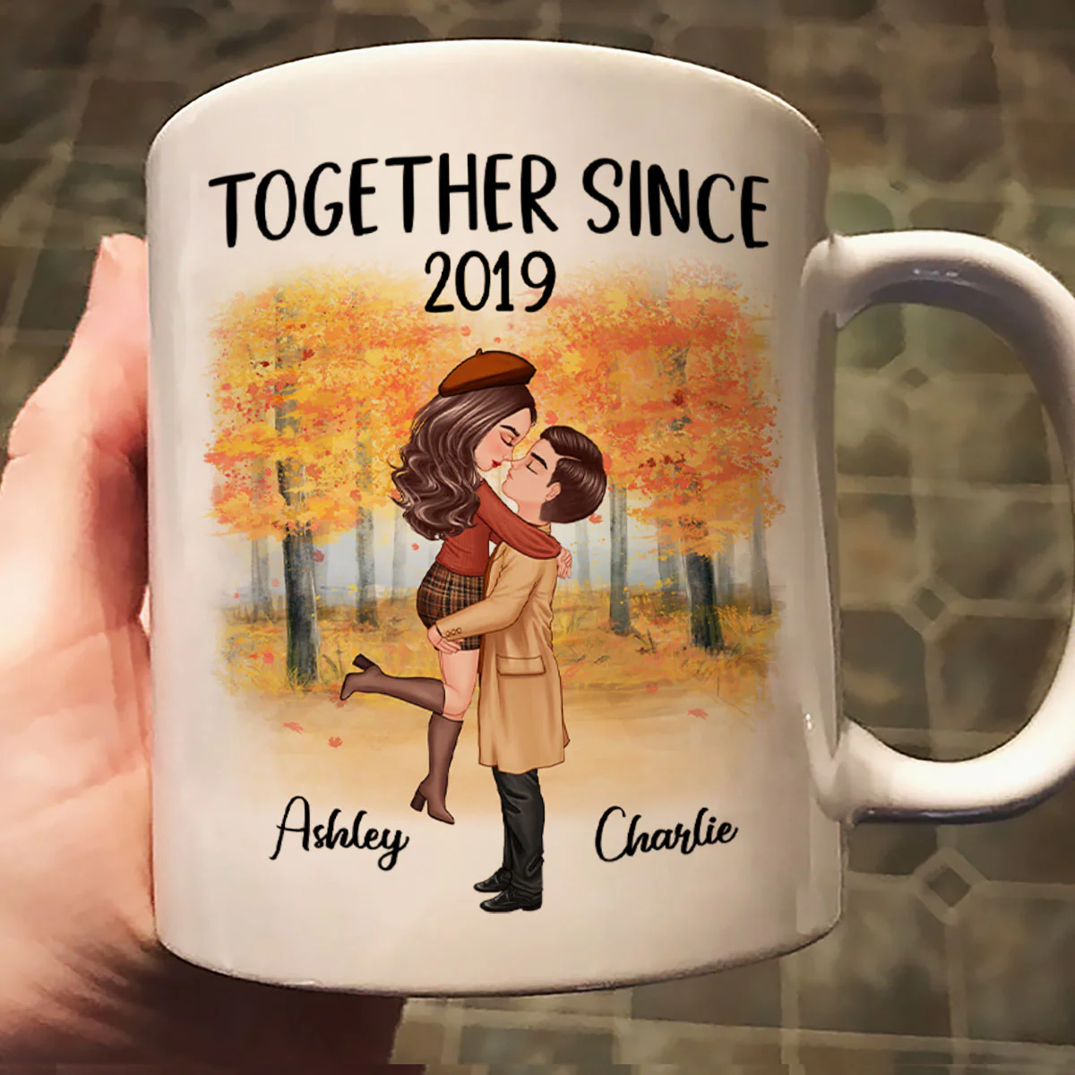 Fall Season Doll Couple Kissing Hugging Personalized Mug - Image 2