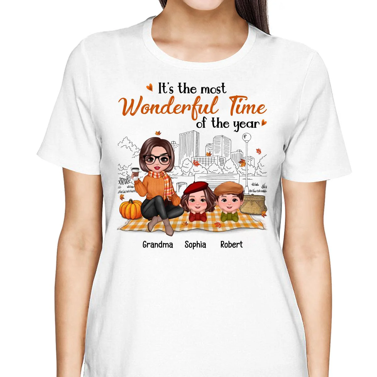 Fall Season Doll Grandma & Grandkids Picnic Personalized Shirt - Image 2