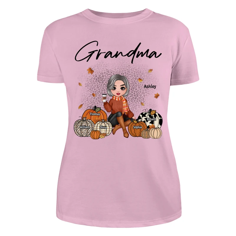Fall Season Doll Grandma Sitting With Patterned Pumpkins Kids Names Personalized Shirt - Image 11