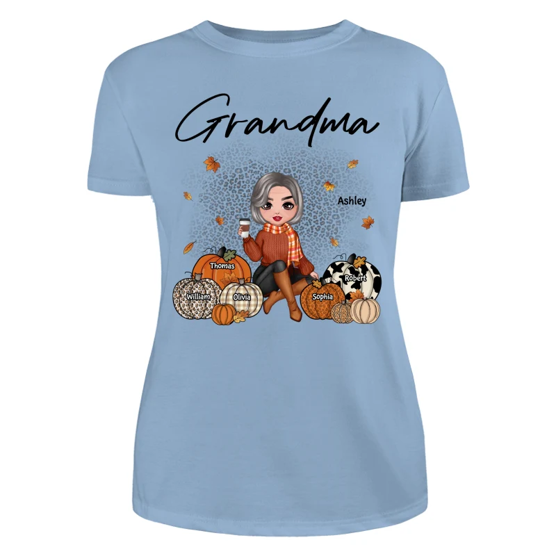 Fall Season Doll Grandma Sitting With Patterned Pumpkins Kids Names Personalized Shirt - Image 12