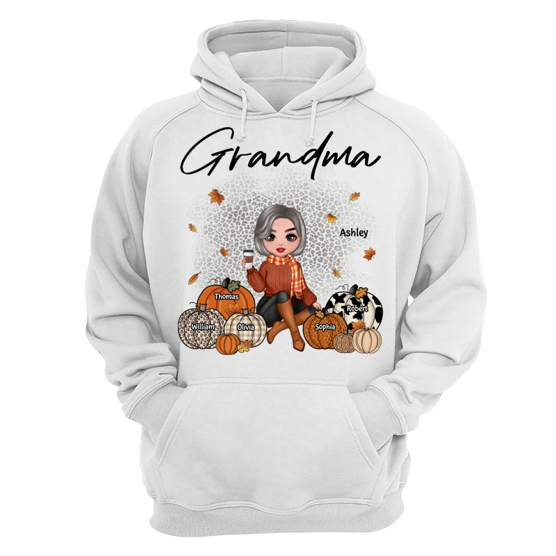Fall Season Doll Grandma Sitting With Patterned Pumpkins Kids Names Personalized Shirt - Image 13