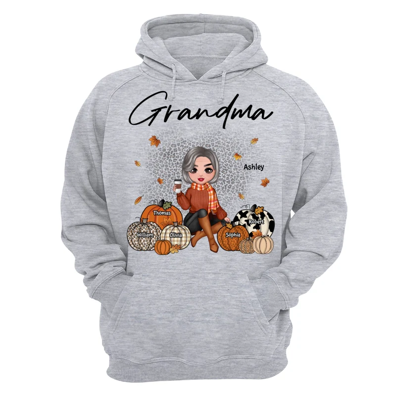Fall Season Doll Grandma Sitting With Patterned Pumpkins Kids Names Personalized Shirt - Image 14