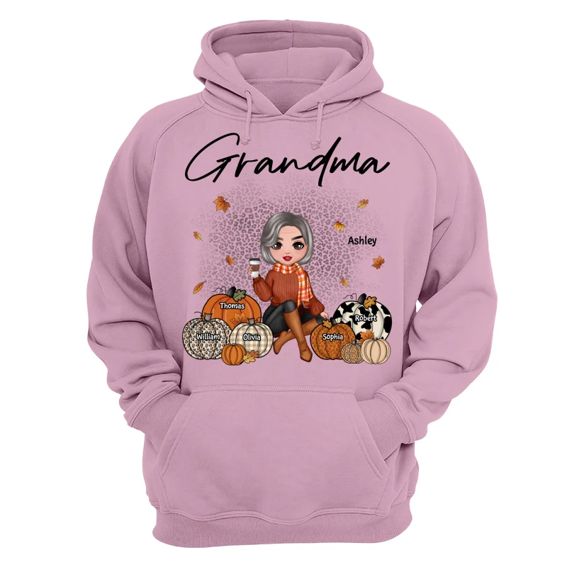 Fall Season Doll Grandma Sitting With Patterned Pumpkins Kids Names Personalized Shirt - Image 15