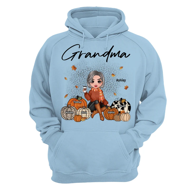Fall Season Doll Grandma Sitting With Patterned Pumpkins Kids Names Personalized Shirt - Image 16