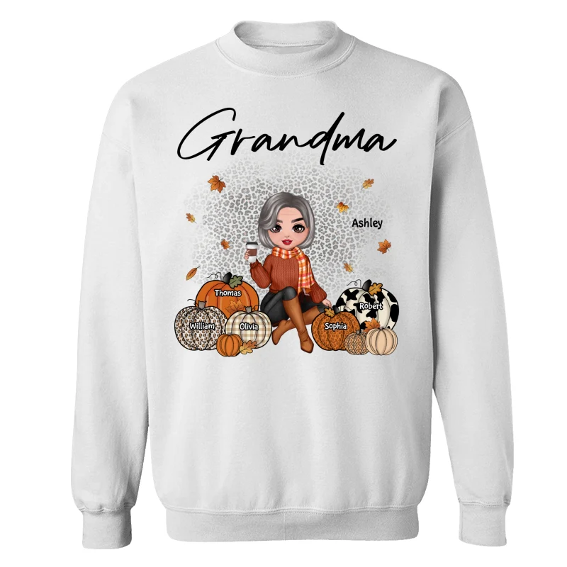 Fall Season Doll Grandma Sitting With Patterned Pumpkins Kids Names Personalized Shirt - Image 17