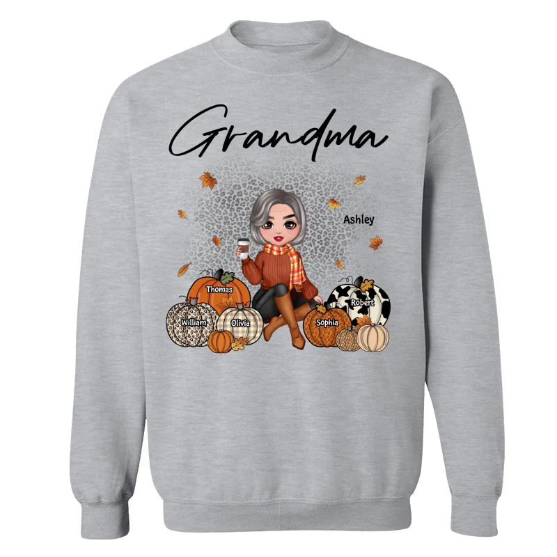 Fall Season Doll Grandma Sitting With Patterned Pumpkins Kids Names Personalized Shirt - Image 18