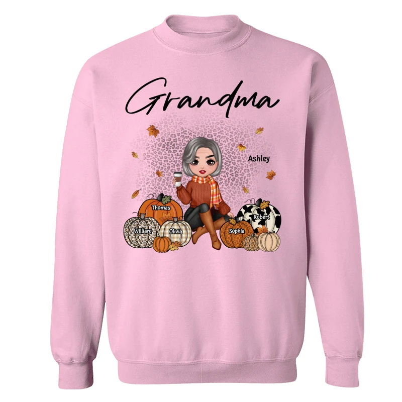 Fall Season Doll Grandma Sitting With Patterned Pumpkins Kids Names Personalized Shirt - Image 19