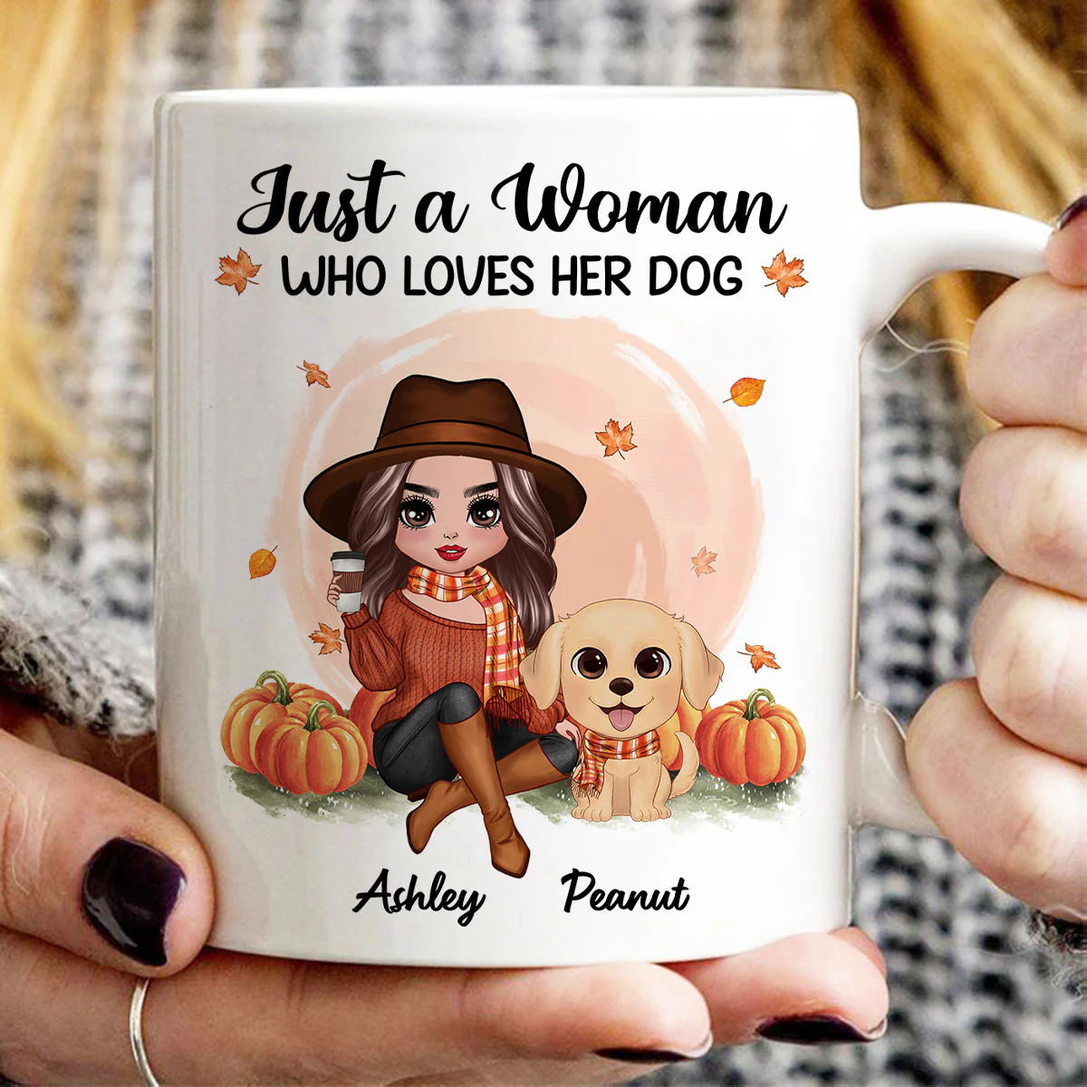 Fall Season Doll Woman And Watercolor Cute Dogs In Pumpkin Patch Personalized Mug - Image 3