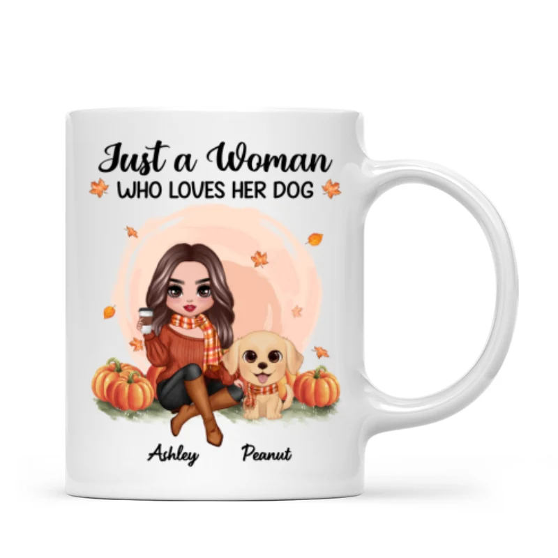 Fall Season Doll Woman And Watercolor Cute Dogs In Pumpkin Patch Personalized Mug - Image 4