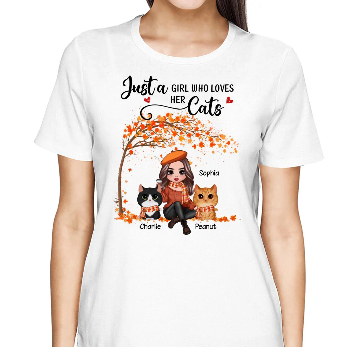 Fall Season Doll Woman Sitting With Watercolor Cute Cats Personalized Shirt - Image 2