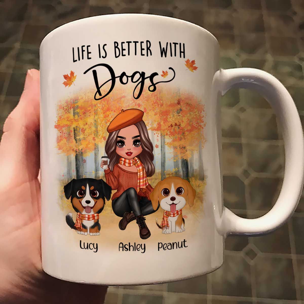Fall Season Doll Woman Sitting With Watercolor Cute Dogs Personalized Mug - Image 3