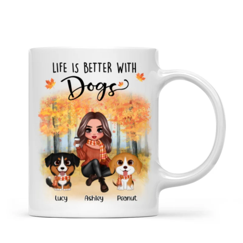 Fall Season Doll Woman Sitting With Watercolor Cute Dogs Personalized Mug - Image 4