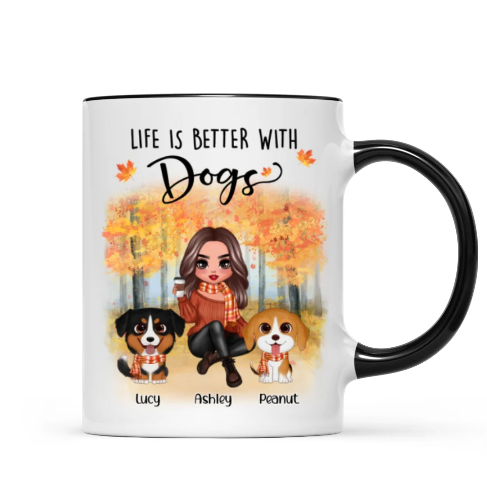 Fall Season Doll Woman Sitting With Watercolor Cute Dogs Personalized Mug - Image 5