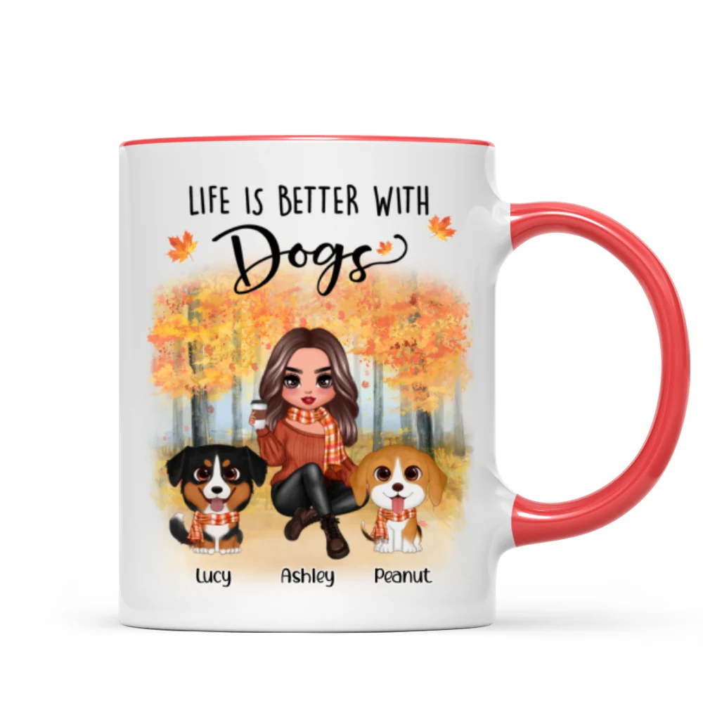 Fall Season Doll Woman Sitting With Watercolor Cute Dogs Personalized Mug - Image 7