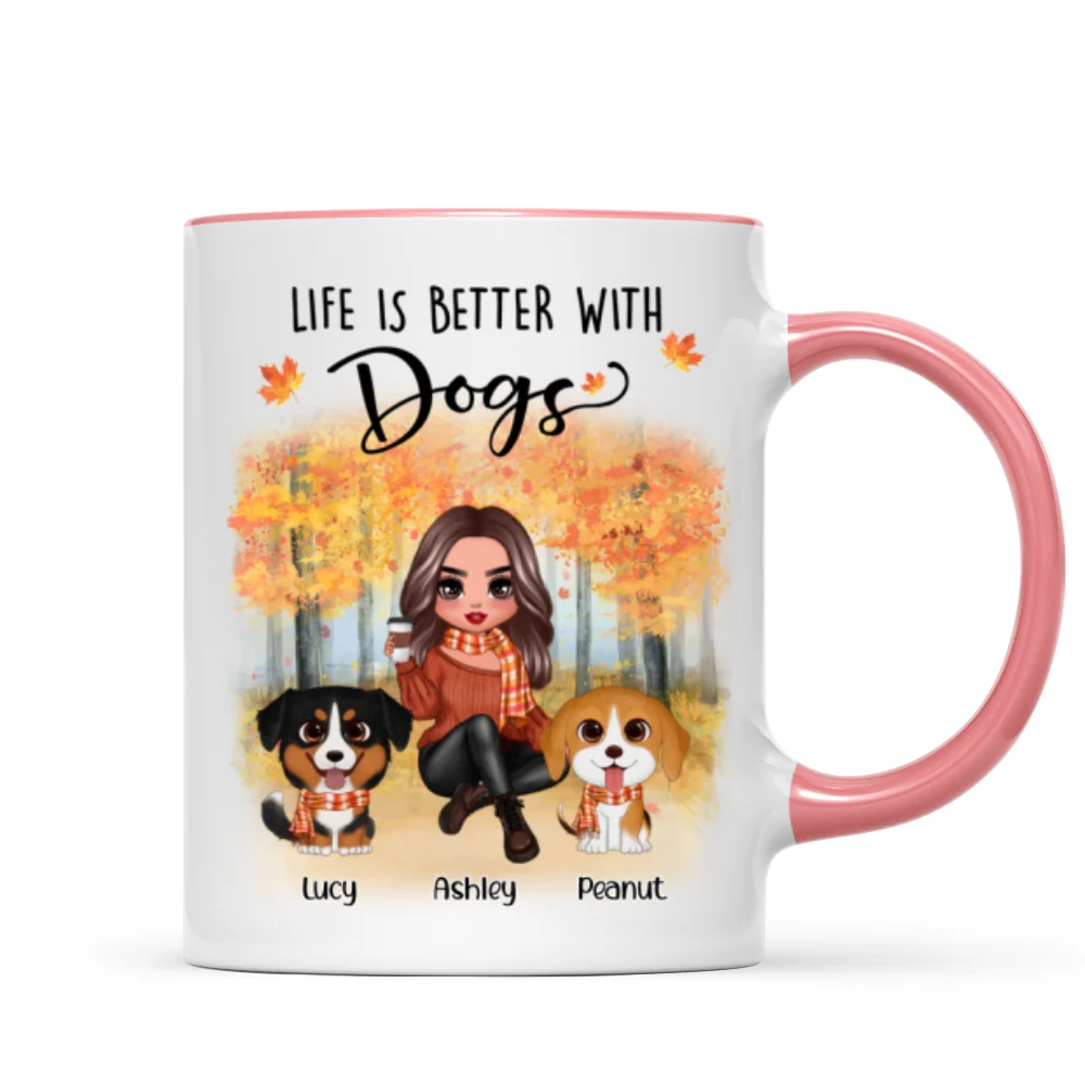 Fall Season Doll Woman Sitting With Watercolor Cute Dogs Personalized Mug - Image 9