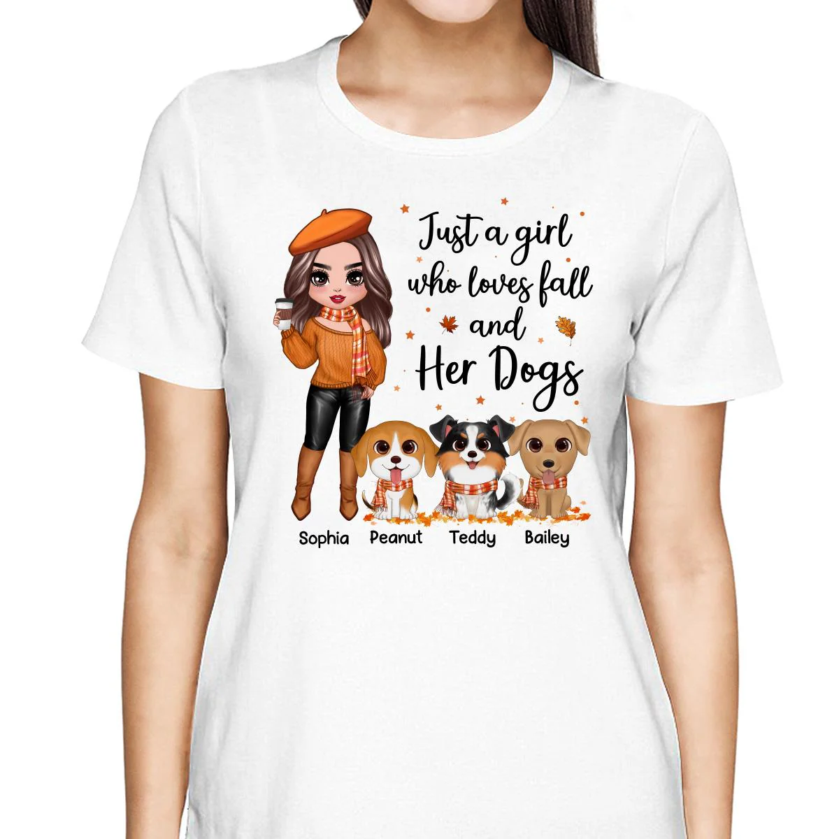 Fall Season Doll Woman Standing With Watercolor Cute Dogs Personalized Shirt - Image 2