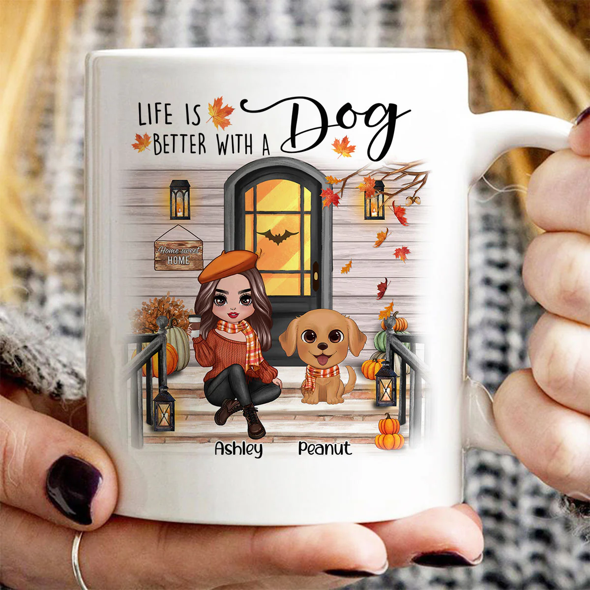 Fall Season Front Porch Doll Woman Sitting With Watercolor Cute Dogs Personalized Mug - Image 2