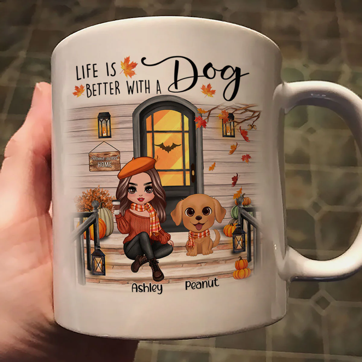 Fall Season Front Porch Doll Woman Sitting With Watercolor Cute Dogs Personalized Mug - Image 3