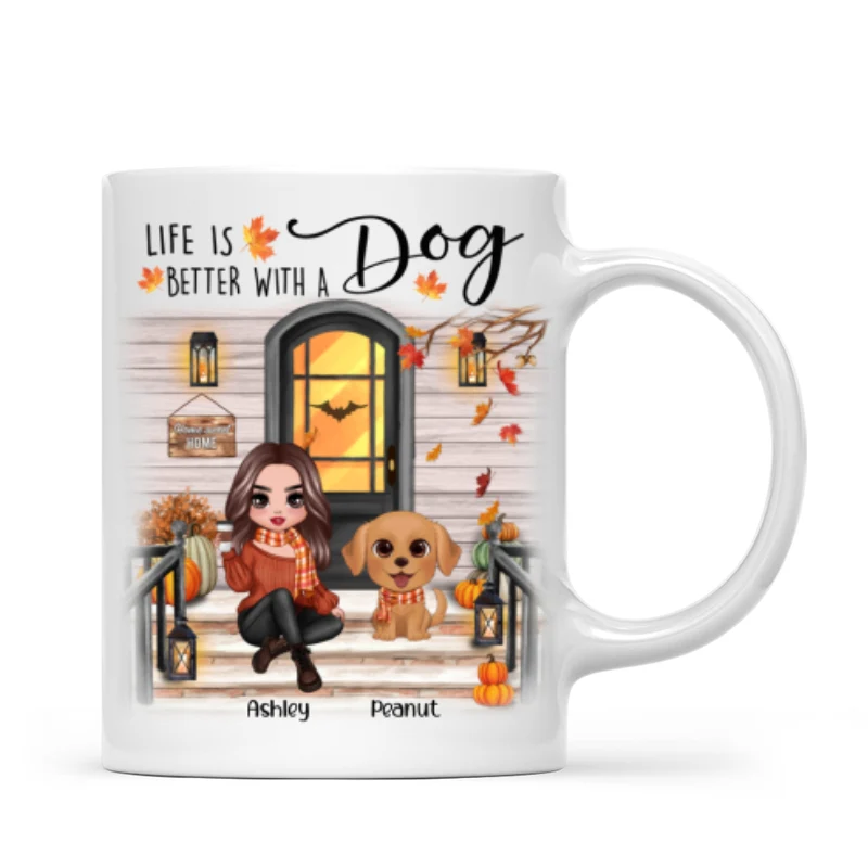 Fall Season Front Porch Doll Woman Sitting With Watercolor Cute Dogs Personalized Mug - Image 4