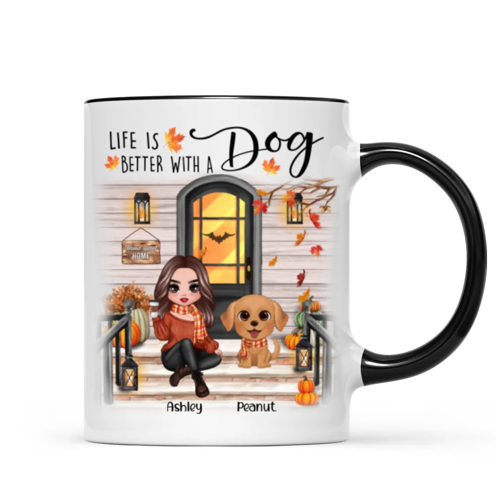 Fall Season Front Porch Doll Woman Sitting With Watercolor Cute Dogs Personalized Mug - Image 5