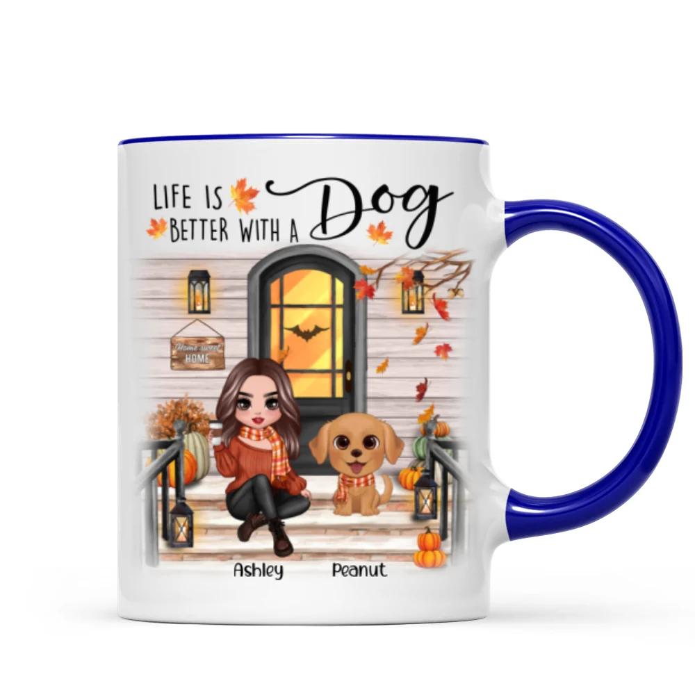 Fall Season Front Porch Doll Woman Sitting With Watercolor Cute Dogs Personalized Mug - Image 6