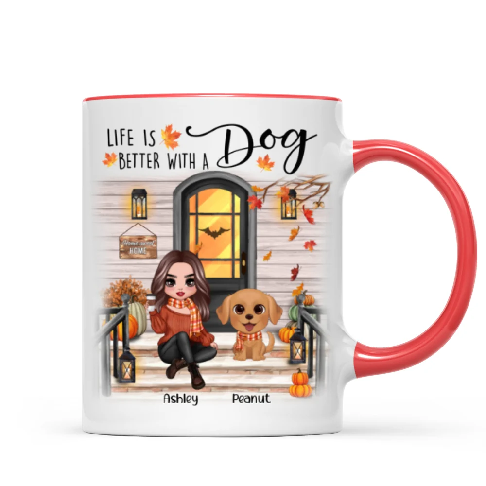 Fall Season Front Porch Doll Woman Sitting With Watercolor Cute Dogs Personalized Mug - Image 7