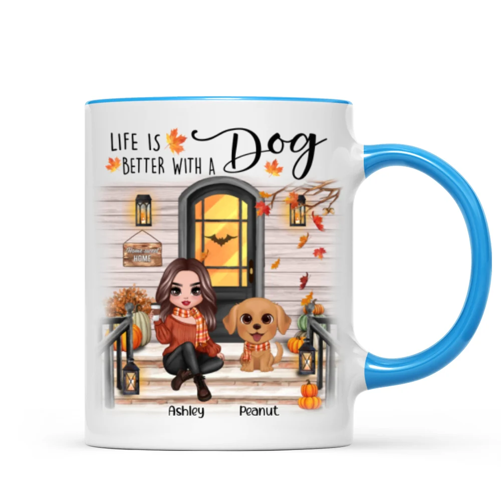 Fall Season Front Porch Doll Woman Sitting With Watercolor Cute Dogs Personalized Mug - Image 8