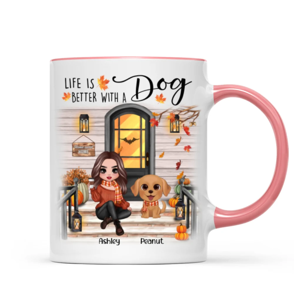 Fall Season Front Porch Doll Woman Sitting With Watercolor Cute Dogs Personalized Mug - Image 9