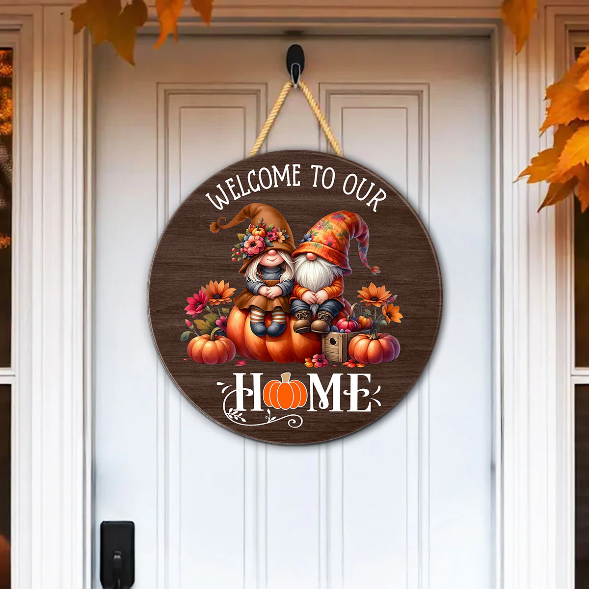 Fall Season Gnome Couple Welcome To Our Home Personalized Wood Sign - Image 2