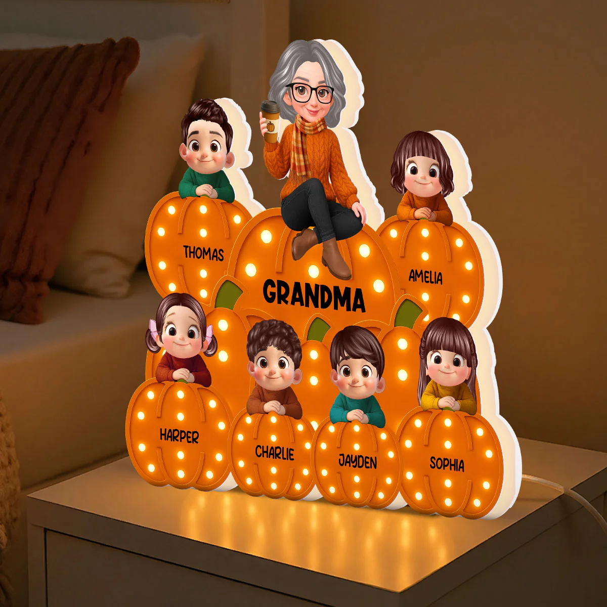 Fall Season Grandma Grandkids On Marquee Pattern Texture Pumpkins Personalized LED Light Box - Image 2