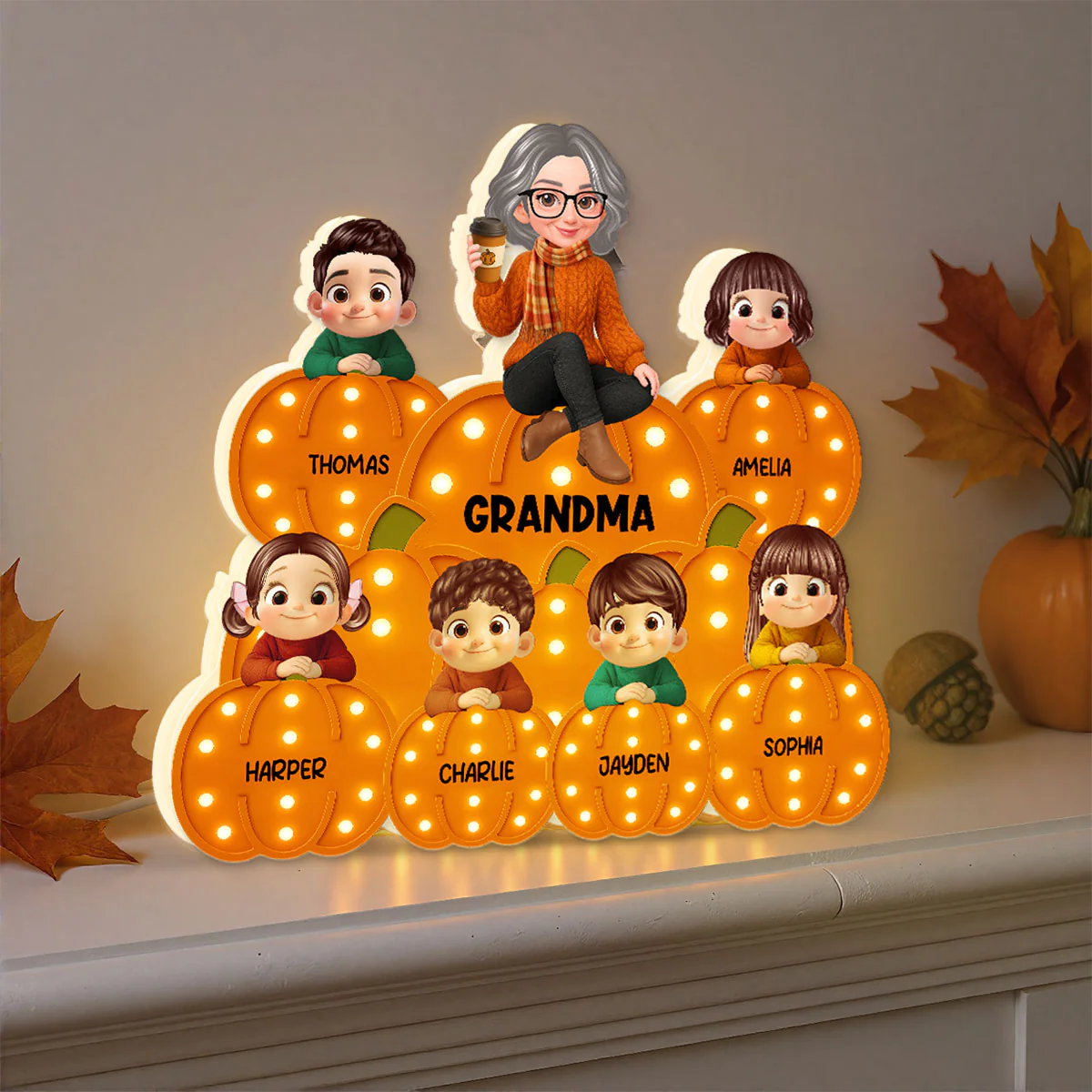 Fall Season Grandma Grandkids On Marquee Pattern Texture Pumpkins Personalized LED Light Box - Image 3