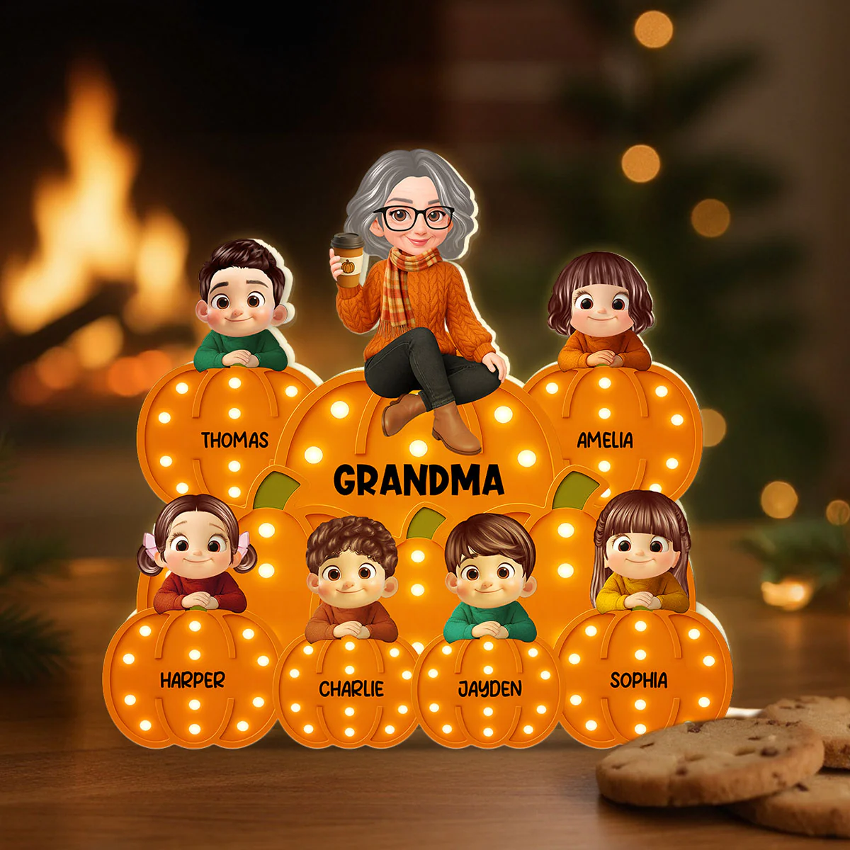 Fall Season Grandma Grandkids On Marquee Pattern Texture Pumpkins Personalized LED Light Box - Image 4
