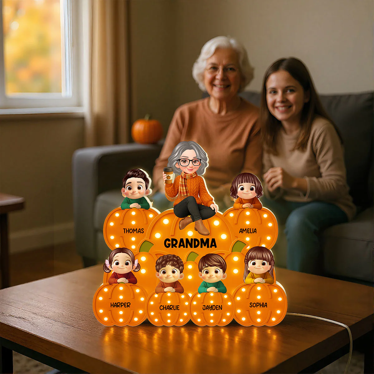 Fall Season Grandma Grandkids On Marquee Pattern Texture Pumpkins Personalized LED Light Box - Image 5
