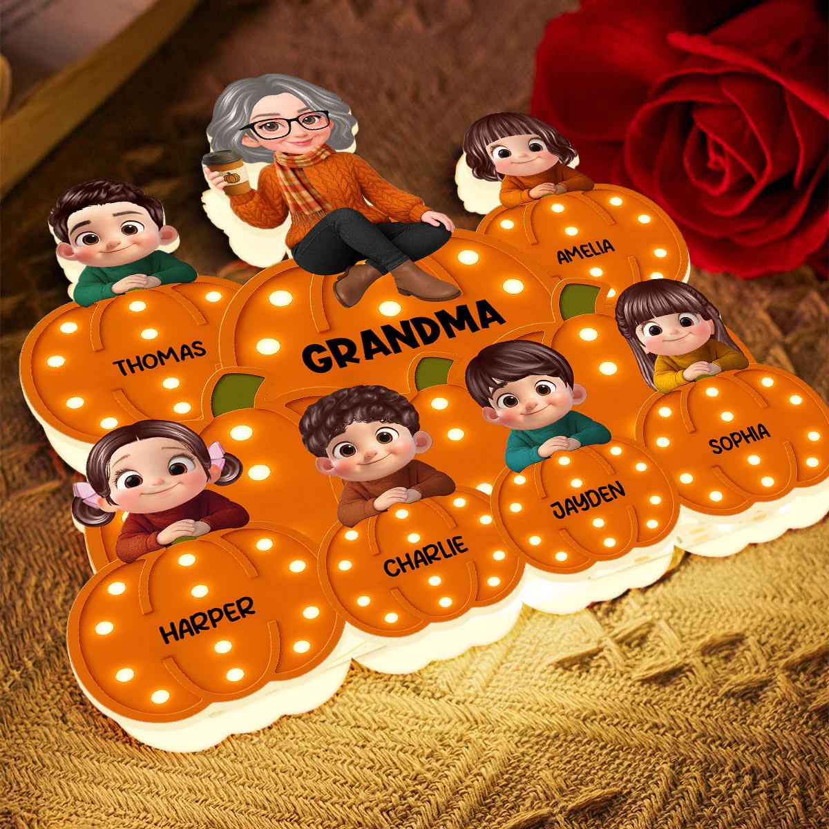Fall Season Grandma Grandkids On Marquee Pattern Texture Pumpkins Personalized LED Light Box - Image 6
