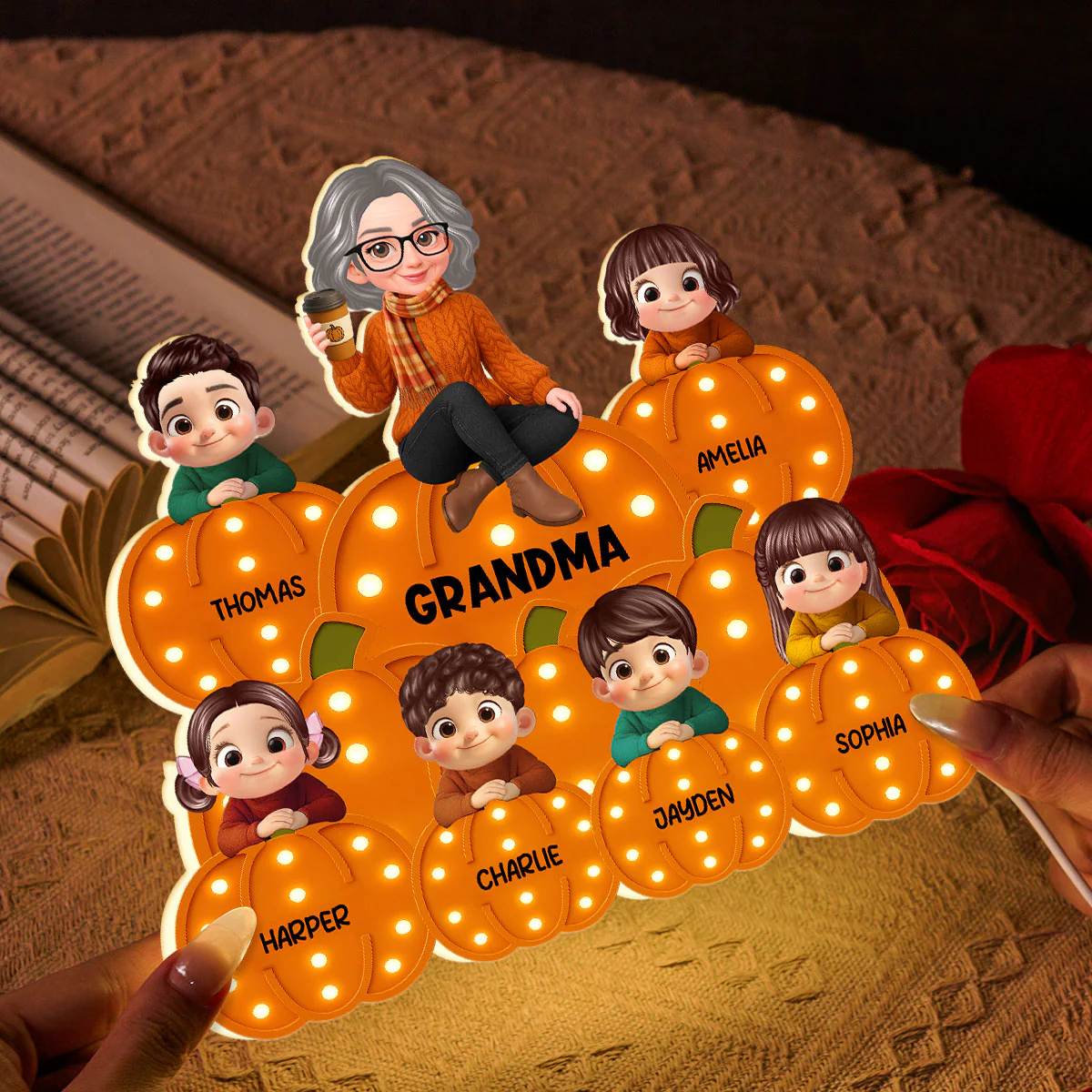 Fall Season Grandma Grandkids On Marquee Pattern Texture Pumpkins Personalized LED Light Box - Image 7