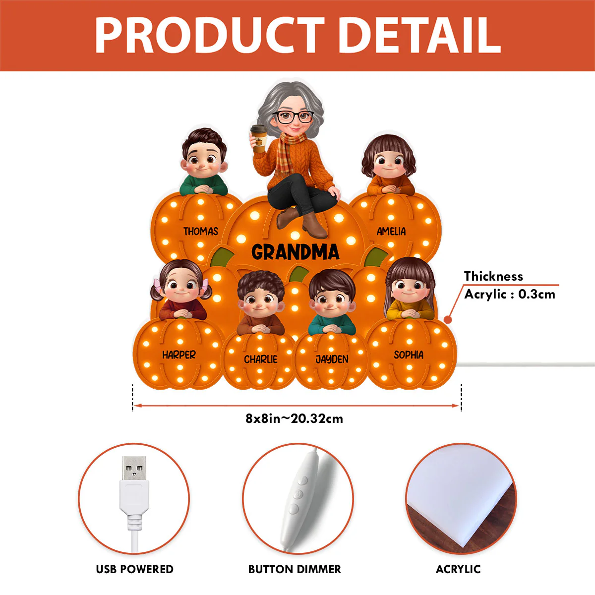 Fall Season Grandma Grandkids On Marquee Pattern Texture Pumpkins Personalized LED Light Box - Image 8